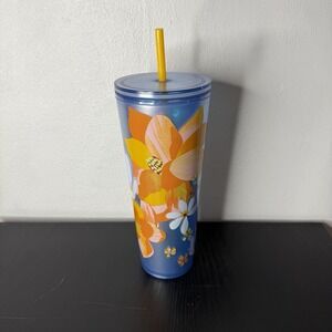 Starbucks Floral Tumbler 24 Oz Blue With Orange Flowers